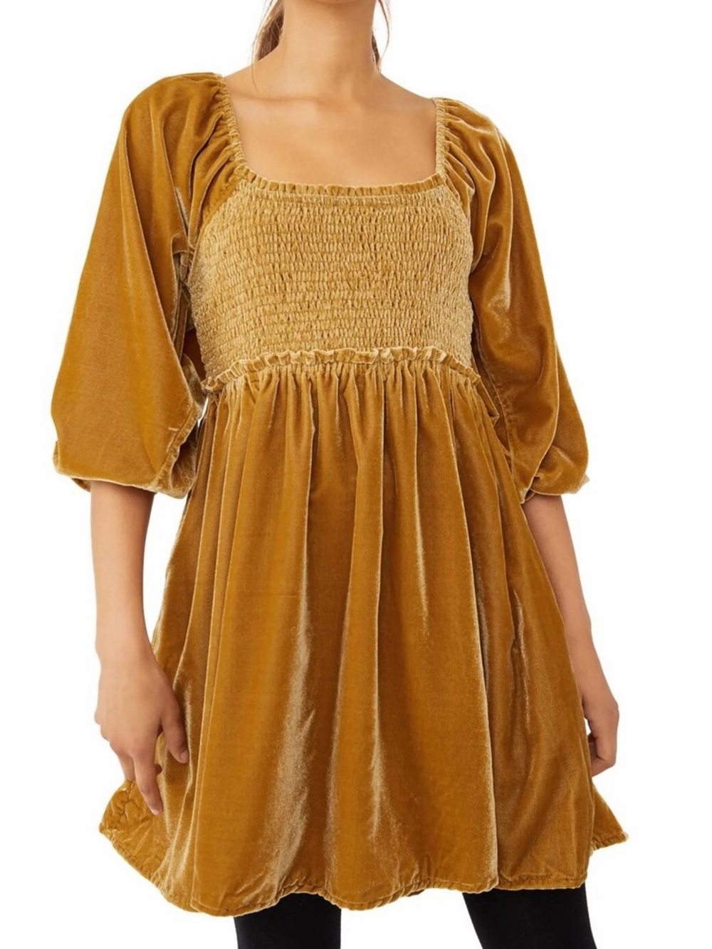 Free People Velvet Smocked Square-Neck Dress in Mustard Gold